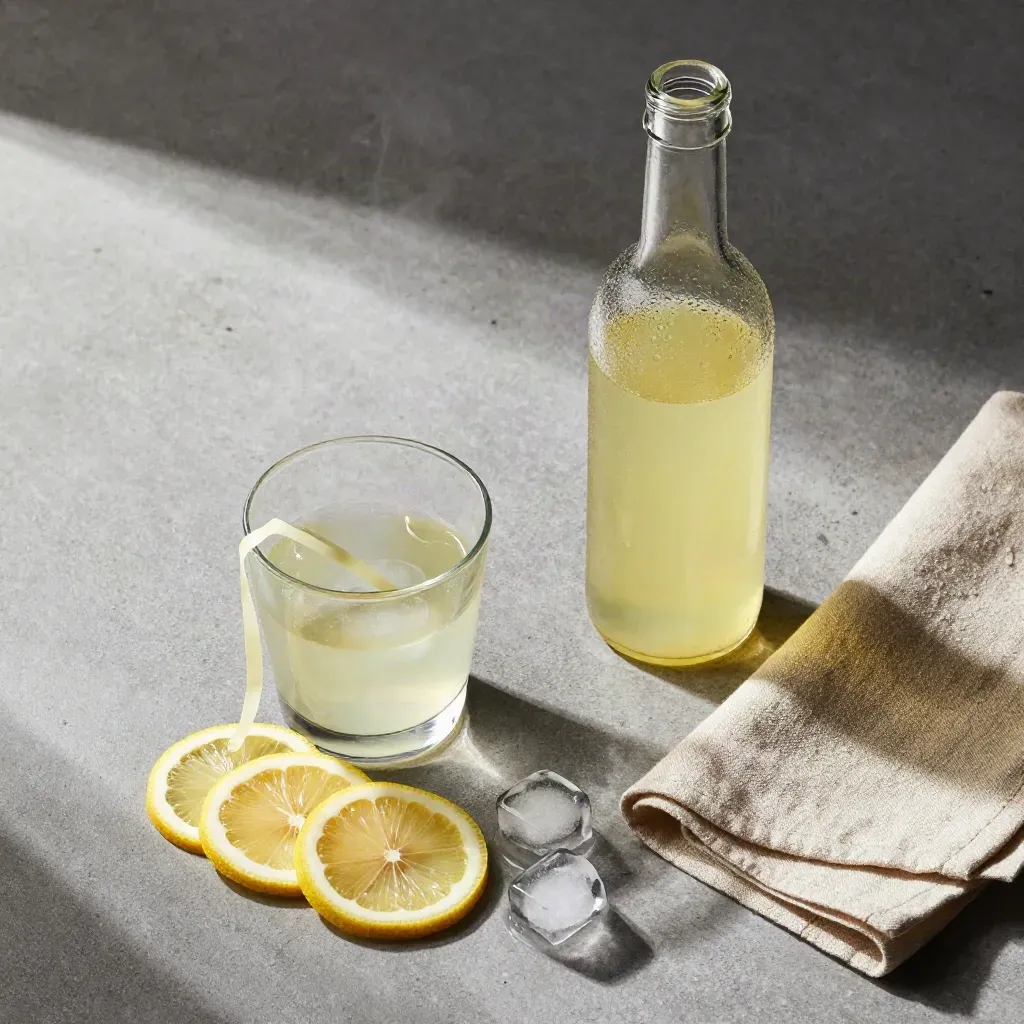 Üstten düz çekimde limon şurubu şişesi, limon dilimleri, buz ve keten peçete.