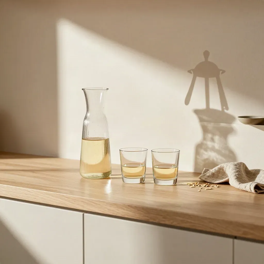 Aydınlık mutfakta sürahili, bardaklı ve narenciye presli premium içecek sahnesi.
